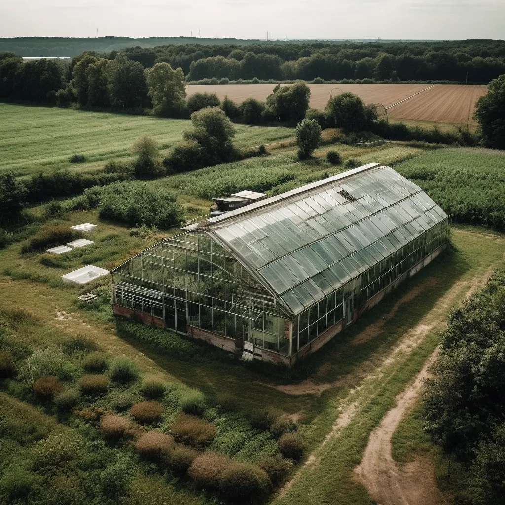 Gewächshaus in grüner Landschaft